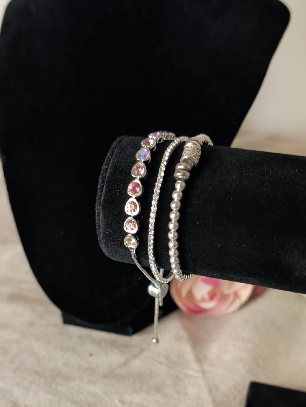 Y2K Pastel Rainbow Heart Bracelet Set Layered Silver Glam Stack